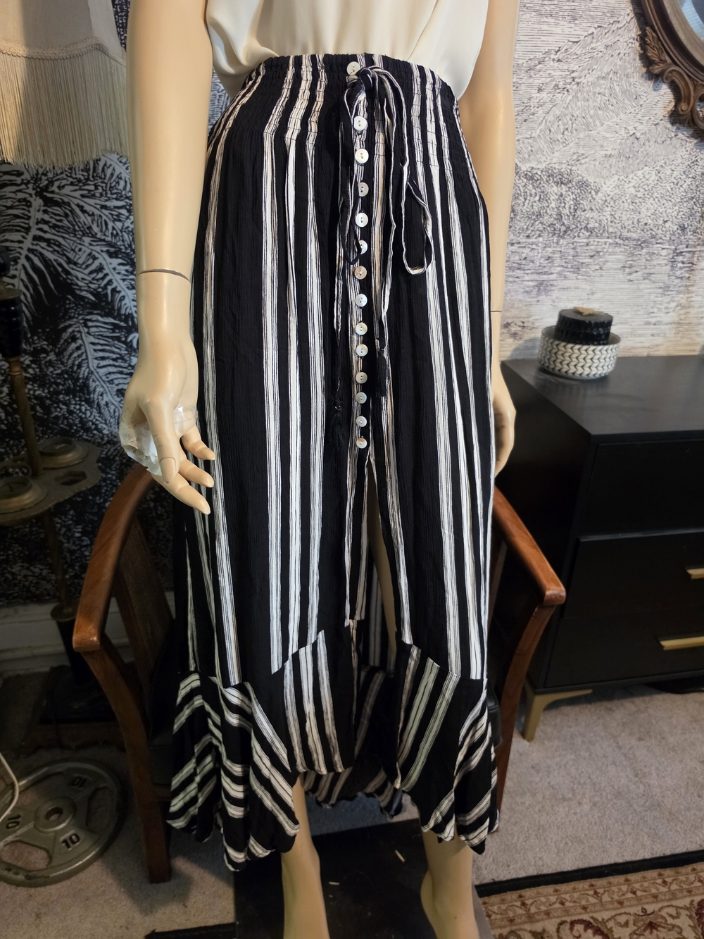 One 5 One Black White Vertical Stripe Maxi Skirt Smocked High Low Size Small EUC